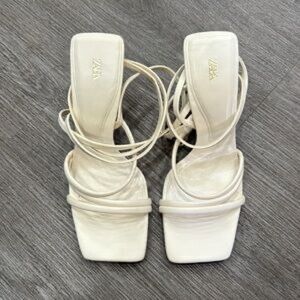 Zara Cream Strappy Square-Toe Heels